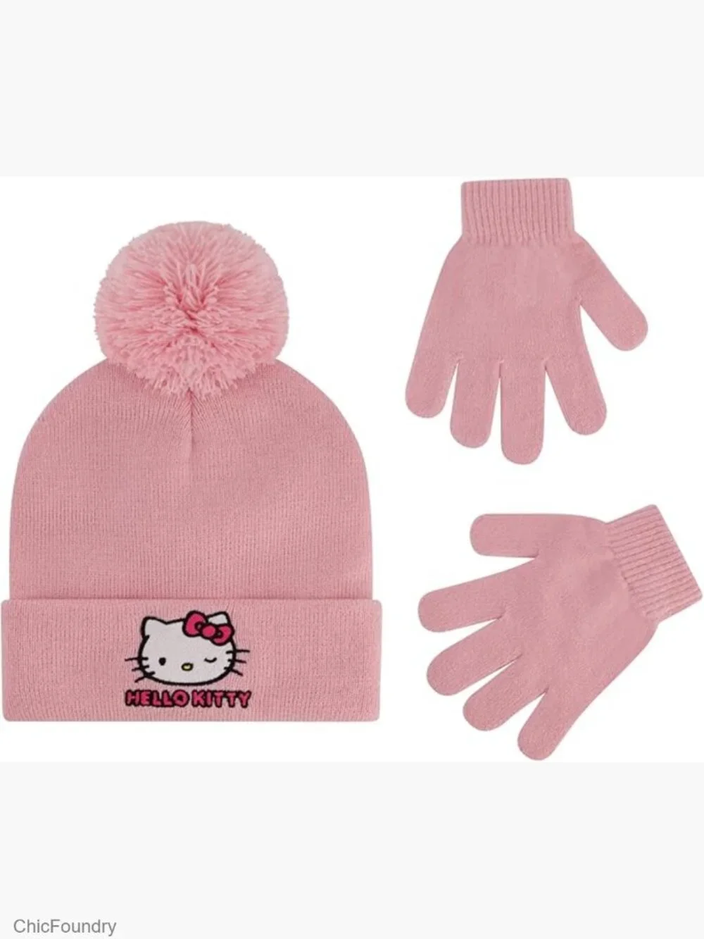 Girls Hello Kitty Beanie Hat & Gloves Winter Knit Cap Pom Pom Set